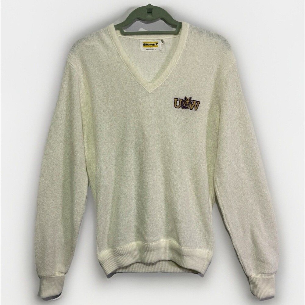Vintage Men’s University of Washington UW Huskies V-Neck Sweater Made USA Med